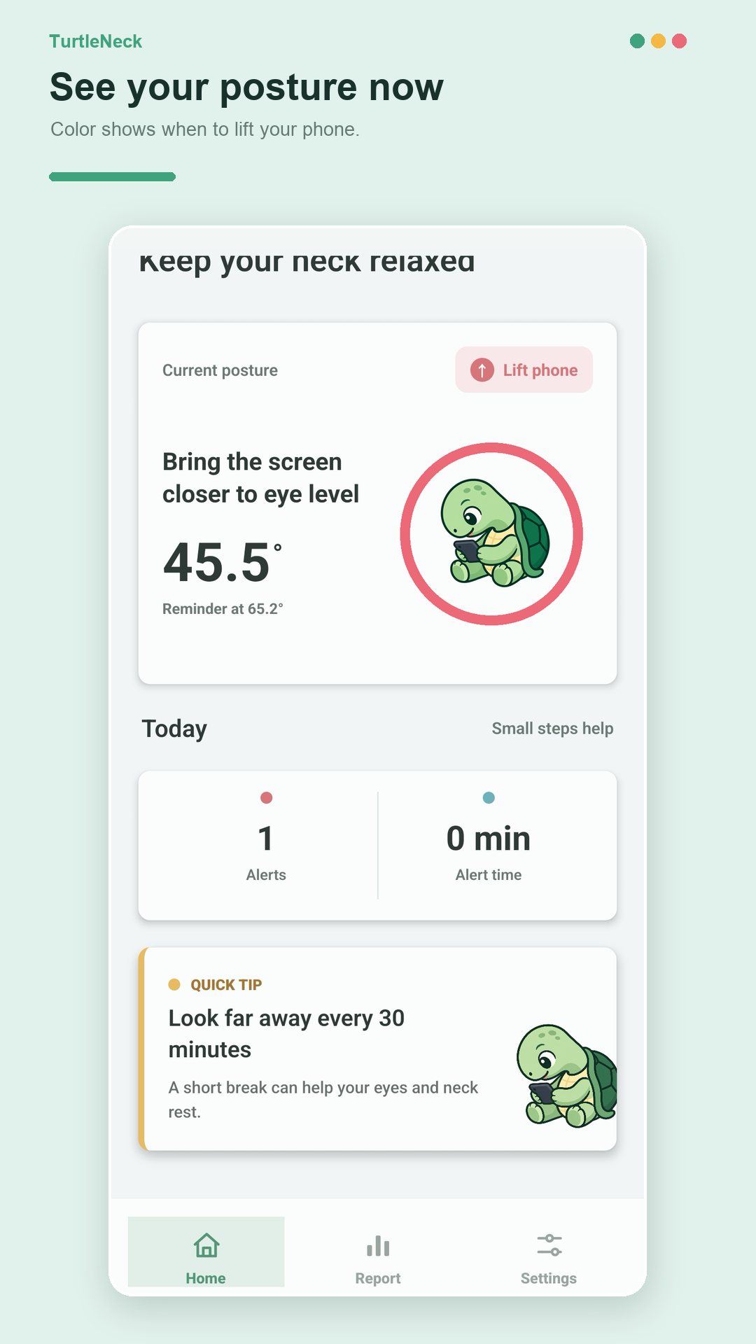 TurtleNeck home screen showing a lift-phone reminder