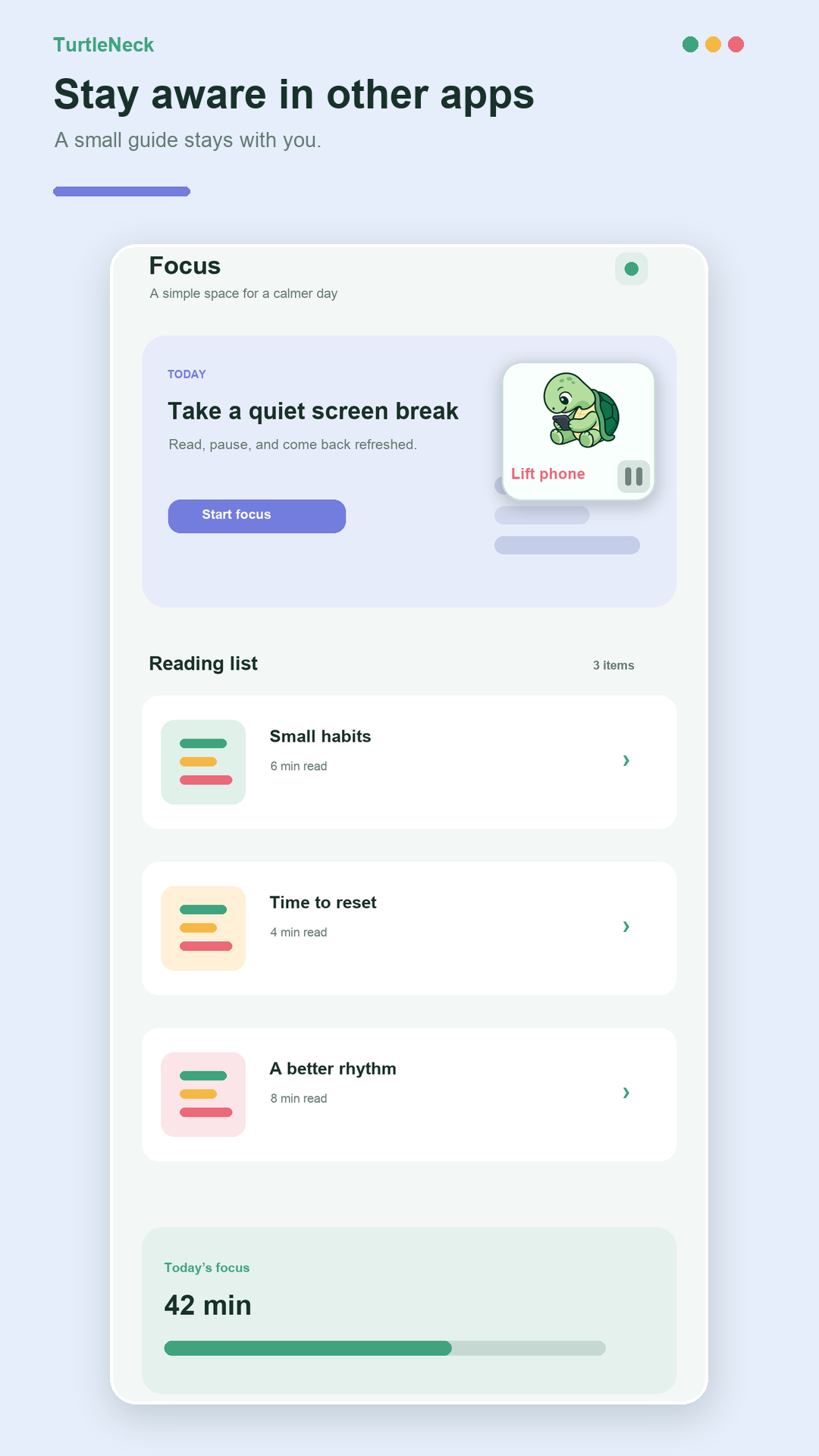 TurtleNeck floating widget on a privacy-safe sample Android screen